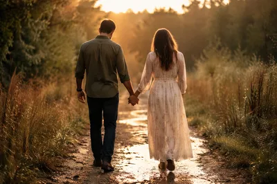 Couple Walking Hand in Hand at Golden Hour