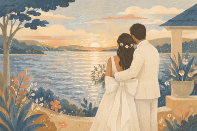 Newlywed Couple Embrace at Lakeside Retreat