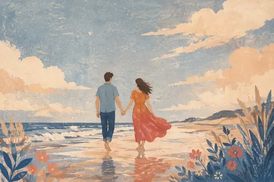 Couple Walking on Coastal Retreat Shore