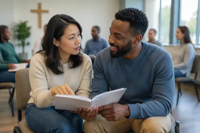 Couple Discussing Notes in Community Workshop
