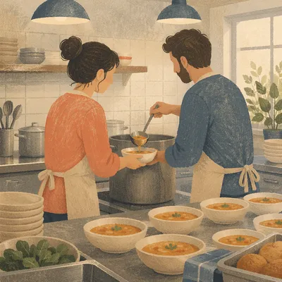 Couple Serving Meal in Church Kitchen