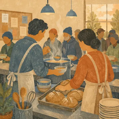 Couple Serving Meal in Church Kitchen