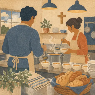 Couple Serving Soup in Church Kitchen
