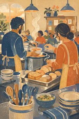 Couple Serving Meal in Church Kitchen