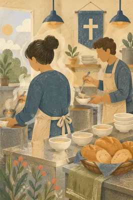 Couple Serving Soup in Church Kitchen