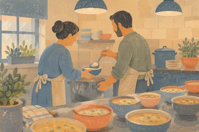 Couple Serving Meal in Church Kitchen