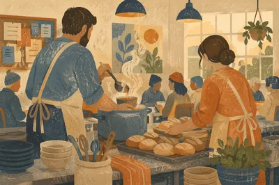 Couple Serving Meal in Church Kitchen