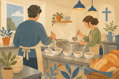 Couple Serving Soup in Church Kitchen