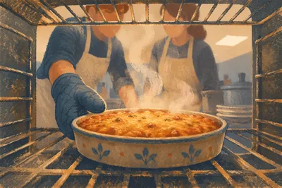 Church Kitchen Volunteers Serving Casserole Together