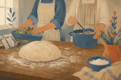 Church Kitchen Volunteers Preparing Bread Together