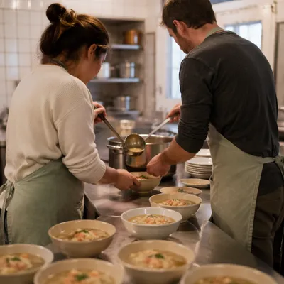 Couple Serving Meal in Church Kitchen
