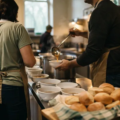 Couple Serving Soup in Church Kitchen