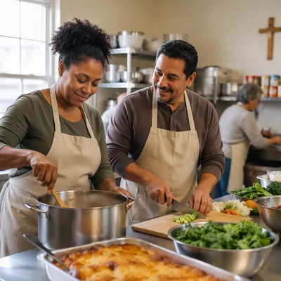 Interracial Couple Cooking in Church Kitchen