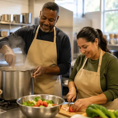 Couple Preparing Meal in Church Kitchen