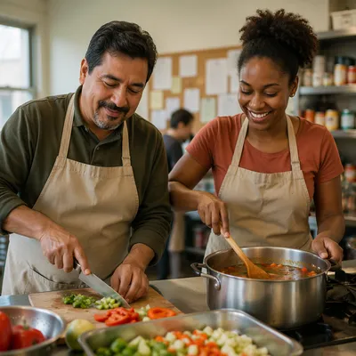 Volunteers Preparing Meal in Church Kitchen