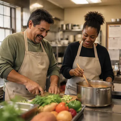 Volunteers Preparing Meal in Community Kitchen