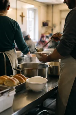 Couple Serving Soup in Church Kitchen