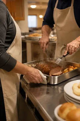 Church Volunteers Serving Meal in Kitchen