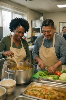 Interracial Couple Cooking in Church Kitchen
