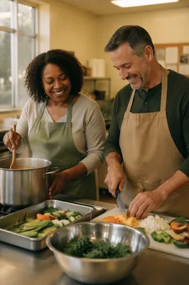 Couple Cooking Together in Church Kitchen