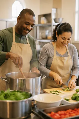 Couple Preparing Meal in Church Kitchen