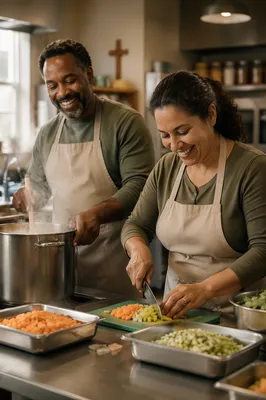 Couple Preparing Meal in Community Kitchen