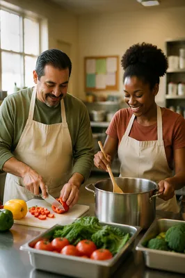 Volunteers Preparing Meal in Community Kitchen