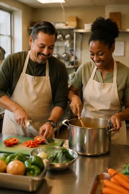 Two Volunteers Cooking in Community Kitchen