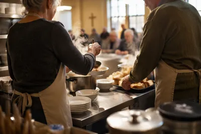 Couple Serving Meal in Church Kitchen