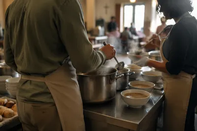 Couple Serving Soup in Church Kitchen
