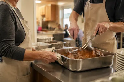 Church Volunteers Serving Meal in Kitchen