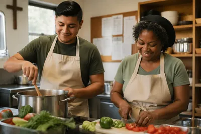 Couple Cooking in Community Church Kitchen