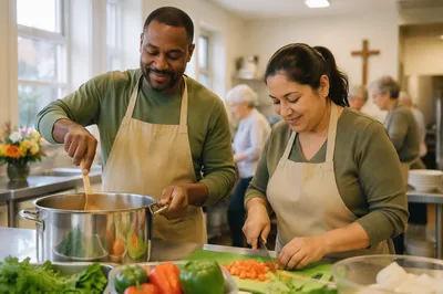 Couple Preparing Meal in Community Kitchen