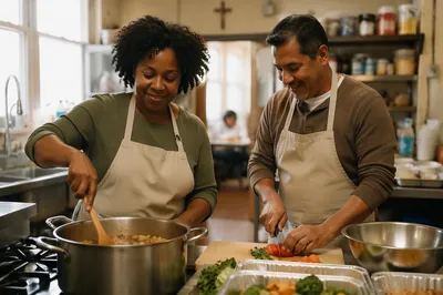 Middle-Aged Couple Cooking in Church Kitchen