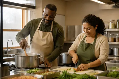 Couple Preparing Meal in Church Kitchen