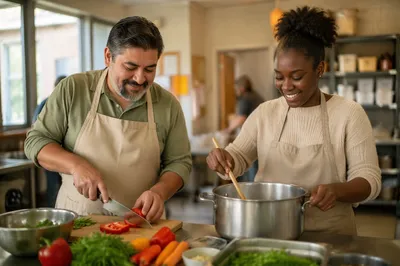 Two Volunteers Cooking in Church Kitchen