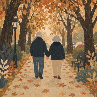 Older Couple Walking Through Autumn Park