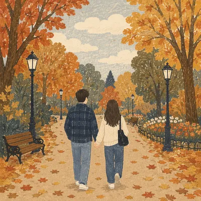 Couple Walking Hand in Hand in Autumn Park