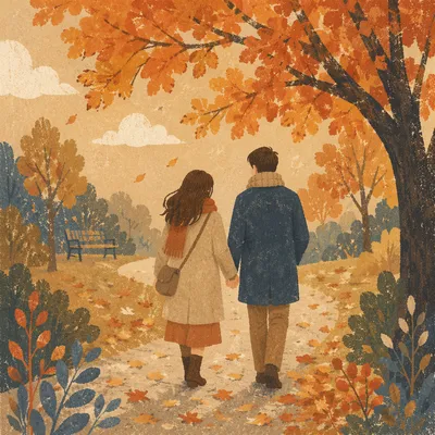 Couple Walking Through Autumn Park Path