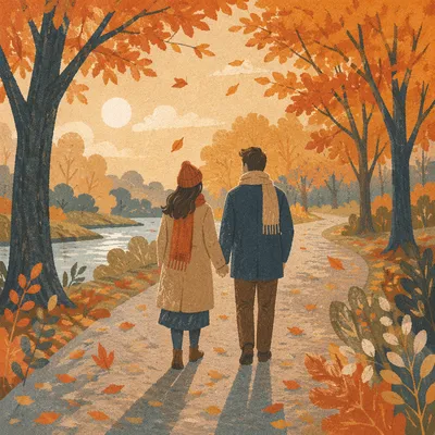Couple Walking Through Autumn Park Path