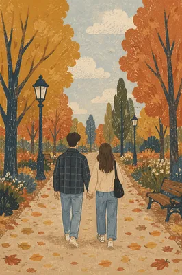 Couple Walking Hand in Hand in Autumn Park