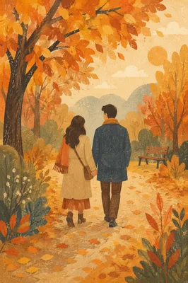 Couple Walking Hand in Hand in Autumn Park