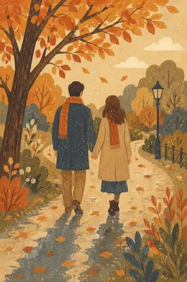 Couple Walking Through Autumn Park Path