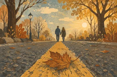 Couple Walking Through Autumn Park Road