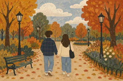 Couple Walking Hand in Hand in Autumn