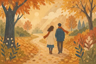Couple Walking Through Misty Autumn Park