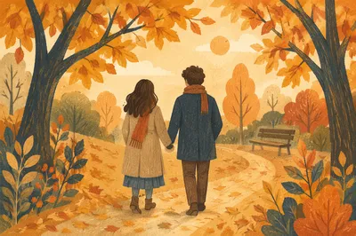 Couple Walking Through Autumn Park Path