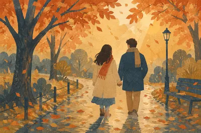 Couple Walking Through Autumn Park Path