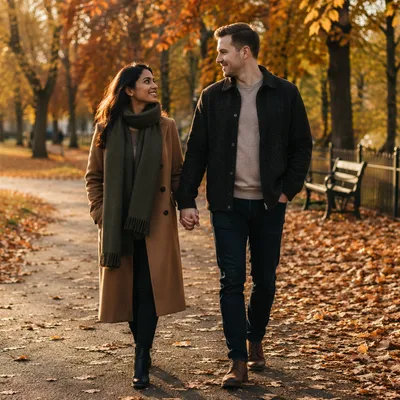 Couple Walking Hand in Hand in Autumn Park