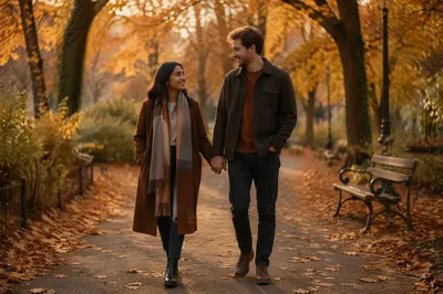 Couple Walking Hand in Hand in Autumn Park